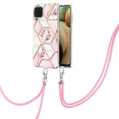 Silicone Candy Rubber Gel Fashionable Pattern Soft Case Cover with Lanyard Strap Y02B for Samsung Galaxy A12 5G Pink