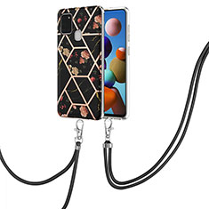 Silicone Candy Rubber Gel Fashionable Pattern Soft Case Cover with Lanyard Strap Y02B for Samsung Galaxy A21s Black