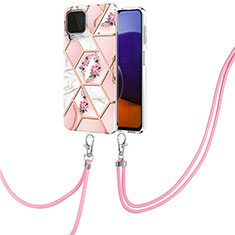 Silicone Candy Rubber Gel Fashionable Pattern Soft Case Cover with Lanyard Strap Y02B for Samsung Galaxy A22 4G Pink