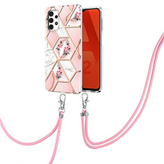 Silicone Candy Rubber Gel Fashionable Pattern Soft Case Cover with Lanyard Strap Y02B for Samsung Galaxy A32 4G Pink