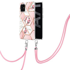 Silicone Candy Rubber Gel Fashionable Pattern Soft Case Cover with Lanyard Strap Y02B for Samsung Galaxy A71 4G A715 Pink