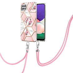 Silicone Candy Rubber Gel Fashionable Pattern Soft Case Cover with Lanyard Strap Y02B for Samsung Galaxy F42 5G Pink