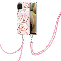 Silicone Candy Rubber Gel Fashionable Pattern Soft Case Cover with Lanyard Strap Y02B for Samsung Galaxy M12 Pink