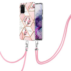 Silicone Candy Rubber Gel Fashionable Pattern Soft Case Cover with Lanyard Strap Y02B for Samsung Galaxy S20 5G Pink