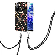 Silicone Candy Rubber Gel Fashionable Pattern Soft Case Cover with Lanyard Strap Y02B for Samsung Galaxy S20 FE 4G Black