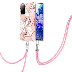 Silicone Candy Rubber Gel Fashionable Pattern Soft Case Cover with Lanyard Strap Y02B for Samsung Galaxy S20 FE 4G Pink