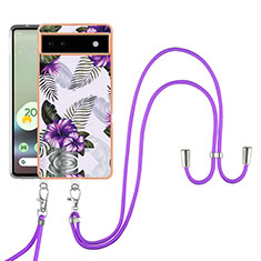 Silicone Candy Rubber Gel Fashionable Pattern Soft Case Cover with Lanyard Strap Y03B for Google Pixel 6a 5G Purple