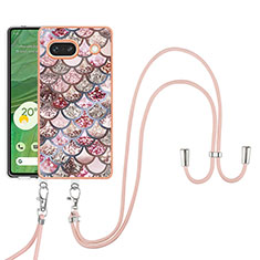 Silicone Candy Rubber Gel Fashionable Pattern Soft Case Cover with Lanyard Strap Y03B for Google Pixel 7a 5G Brown