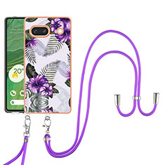 Silicone Candy Rubber Gel Fashionable Pattern Soft Case Cover with Lanyard Strap Y03B for Google Pixel 7a 5G Purple