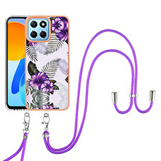 Silicone Candy Rubber Gel Fashionable Pattern Soft Case Cover with Lanyard Strap Y03B for Huawei Honor X6 5G Purple