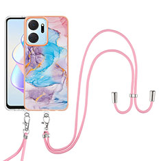 Silicone Candy Rubber Gel Fashionable Pattern Soft Case Cover with Lanyard Strap Y03B for Huawei Honor X7a Blue