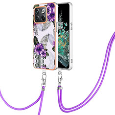 Silicone Candy Rubber Gel Fashionable Pattern Soft Case Cover with Lanyard Strap Y03B for OnePlus 10T 5G Purple