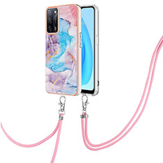 Silicone Candy Rubber Gel Fashionable Pattern Soft Case Cover with Lanyard Strap Y03B for Oppo A53s 5G Blue