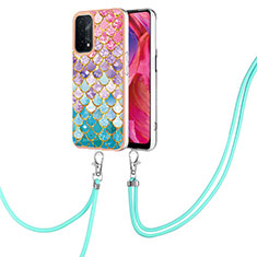 Silicone Candy Rubber Gel Fashionable Pattern Soft Case Cover with Lanyard Strap Y03B for Oppo A54 5G Colorful