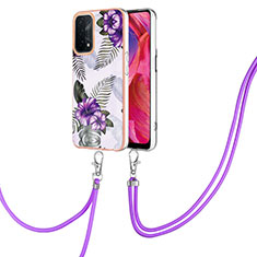 Silicone Candy Rubber Gel Fashionable Pattern Soft Case Cover with Lanyard Strap Y03B for Oppo A54 5G Purple