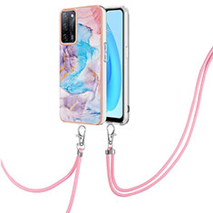 Silicone Candy Rubber Gel Fashionable Pattern Soft Case Cover with Lanyard Strap Y03B for Oppo A55 5G Blue