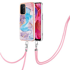 Silicone Candy Rubber Gel Fashionable Pattern Soft Case Cover with Lanyard Strap Y03B for Oppo A74 5G Blue