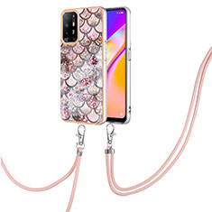 Silicone Candy Rubber Gel Fashionable Pattern Soft Case Cover with Lanyard Strap Y03B for Oppo A94 5G Brown