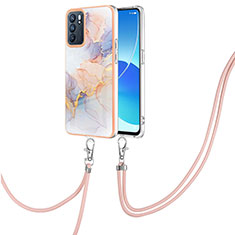 Silicone Candy Rubber Gel Fashionable Pattern Soft Case Cover with Lanyard Strap Y03B for Oppo Reno6 5G Clove Purple