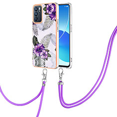 Silicone Candy Rubber Gel Fashionable Pattern Soft Case Cover with Lanyard Strap Y03B for Oppo Reno6 5G Purple