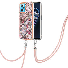 Silicone Candy Rubber Gel Fashionable Pattern Soft Case Cover with Lanyard Strap Y03B for Realme 9 4G Brown