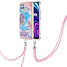 Silicone Candy Rubber Gel Fashionable Pattern Soft Case Cover with Lanyard Strap Y03B for Realme C21Y Blue