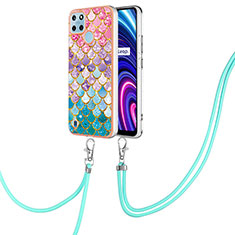 Silicone Candy Rubber Gel Fashionable Pattern Soft Case Cover with Lanyard Strap Y03B for Realme C21Y Colorful