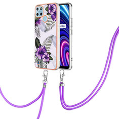 Silicone Candy Rubber Gel Fashionable Pattern Soft Case Cover with Lanyard Strap Y03B for Realme C21Y Purple