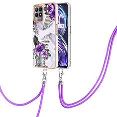 Silicone Candy Rubber Gel Fashionable Pattern Soft Case Cover with Lanyard Strap Y03B for Realme Narzo 50 4G Purple