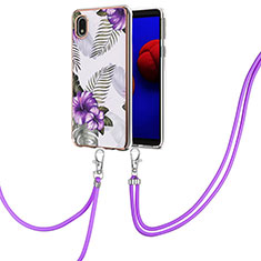 Silicone Candy Rubber Gel Fashionable Pattern Soft Case Cover with Lanyard Strap Y03B for Samsung Galaxy A01 Core Purple