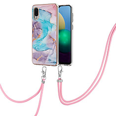 Silicone Candy Rubber Gel Fashionable Pattern Soft Case Cover with Lanyard Strap Y03B for Samsung Galaxy A02 Blue