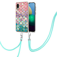 Silicone Candy Rubber Gel Fashionable Pattern Soft Case Cover with Lanyard Strap Y03B for Samsung Galaxy A02 Colorful