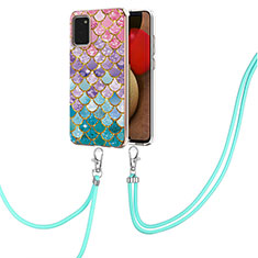 Silicone Candy Rubber Gel Fashionable Pattern Soft Case Cover with Lanyard Strap Y03B for Samsung Galaxy A03s Colorful