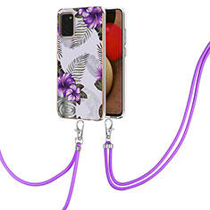 Silicone Candy Rubber Gel Fashionable Pattern Soft Case Cover with Lanyard Strap Y03B for Samsung Galaxy A03s Purple