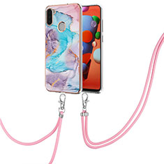 Silicone Candy Rubber Gel Fashionable Pattern Soft Case Cover with Lanyard Strap Y03B for Samsung Galaxy A11 Blue