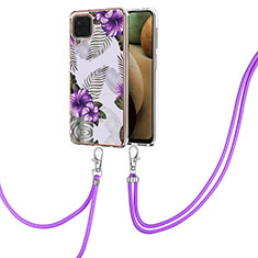 Silicone Candy Rubber Gel Fashionable Pattern Soft Case Cover with Lanyard Strap Y03B for Samsung Galaxy A12 5G Purple