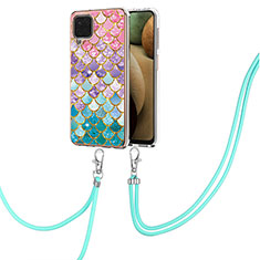 Silicone Candy Rubber Gel Fashionable Pattern Soft Case Cover with Lanyard Strap Y03B for Samsung Galaxy A12 Colorful