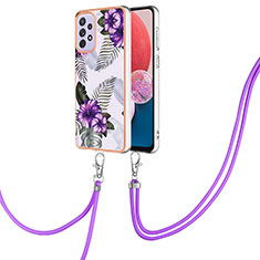 Silicone Candy Rubber Gel Fashionable Pattern Soft Case Cover with Lanyard Strap Y03B for Samsung Galaxy A13 4G Purple