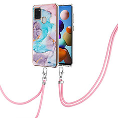 Silicone Candy Rubber Gel Fashionable Pattern Soft Case Cover with Lanyard Strap Y03B for Samsung Galaxy A21s Blue