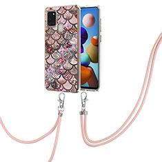 Silicone Candy Rubber Gel Fashionable Pattern Soft Case Cover with Lanyard Strap Y03B for Samsung Galaxy A21s Brown
