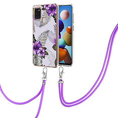Silicone Candy Rubber Gel Fashionable Pattern Soft Case Cover with Lanyard Strap Y03B for Samsung Galaxy A21s Purple