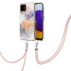 Silicone Candy Rubber Gel Fashionable Pattern Soft Case Cover with Lanyard Strap Y03B for Samsung Galaxy A22 4G Clove Purple