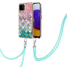 Silicone Candy Rubber Gel Fashionable Pattern Soft Case Cover with Lanyard Strap Y03B for Samsung Galaxy A22 4G Colorful