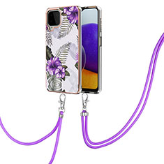 Silicone Candy Rubber Gel Fashionable Pattern Soft Case Cover with Lanyard Strap Y03B for Samsung Galaxy A22 4G Purple
