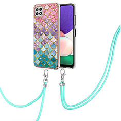 Silicone Candy Rubber Gel Fashionable Pattern Soft Case Cover with Lanyard Strap Y03B for Samsung Galaxy A22 5G Colorful