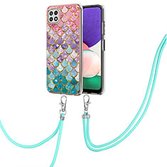 Silicone Candy Rubber Gel Fashionable Pattern Soft Case Cover with Lanyard Strap Y03B for Samsung Galaxy A22s 5G Colorful