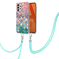 Silicone Candy Rubber Gel Fashionable Pattern Soft Case Cover with Lanyard Strap Y03B for Samsung Galaxy A32 4G Colorful