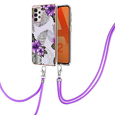 Silicone Candy Rubber Gel Fashionable Pattern Soft Case Cover with Lanyard Strap Y03B for Samsung Galaxy A32 4G Purple