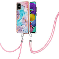 Silicone Candy Rubber Gel Fashionable Pattern Soft Case Cover with Lanyard Strap Y03B for Samsung Galaxy A51 5G Blue