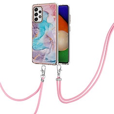 Silicone Candy Rubber Gel Fashionable Pattern Soft Case Cover with Lanyard Strap Y03B for Samsung Galaxy A52 5G Blue